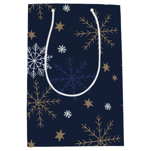 Elegant sneeuwvlokpatroon donkerblauw medium cadeauzakje (Voorkant)