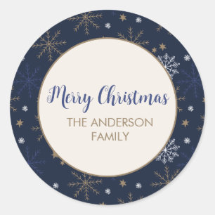 Elegant sneeuwvlokpatroon donkerblauw ronde sticker