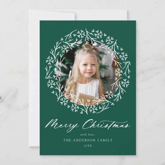Elegant Snowflake Wreate Green Photo Feestdagenkaart (Voorkant)