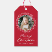 Elegant Snowflake Wreath Red Holiday Foto Cadeaulabel (Voorkant)