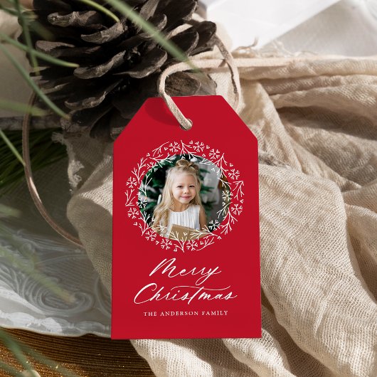 Elegant Snowflake Wreath Red Holiday Foto Cadeaulabel