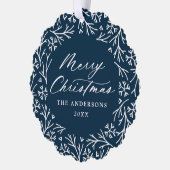 Elegant Snowflake Wreaty Navy Foto met Kerstmis Ornament Kaart (Links)