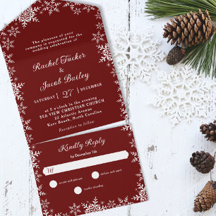 Elegant Snowflakes Border Red Kerstbruiloft All In One Uitnodiging