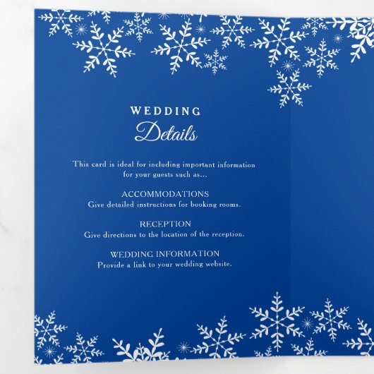 Elegant Snowflakes Deep Blue Winter Weddenschap Drieluik Uitnodiging (Binnenzijde eerst)