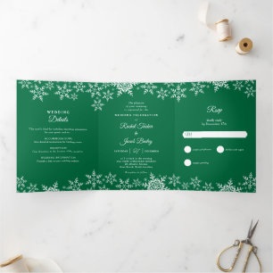 Elegant Snowflakes Green Kerstwinter Weduwen Drieluik Uitnodiging