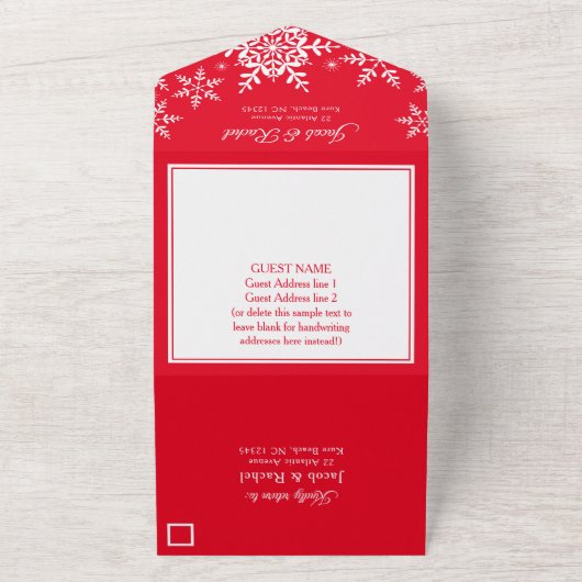 Elegant Snowflakes Kerstmis helder rood huwelijk All In One Uitnodiging (Buitenkant)