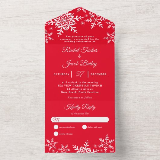 Elegant Snowflakes Kerstmis helder rood huwelijk All In One Uitnodiging (Binnen)