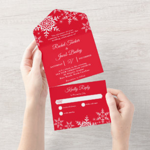 Elegant Snowflakes Kerstmis helder rood huwelijk All In One Uitnodiging