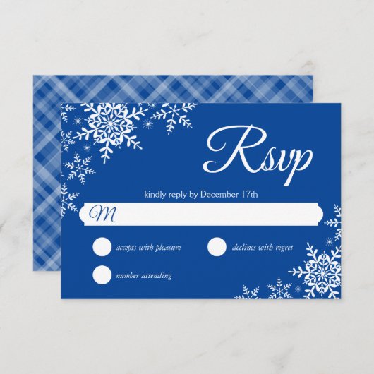 Élégant Snowflakes Plaid Deep Blue Wedding RSVP (Devant / Derrière)
