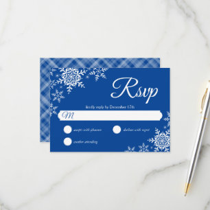 Élégant Snowflakes Plaid Deep Blue Wedding RSVP