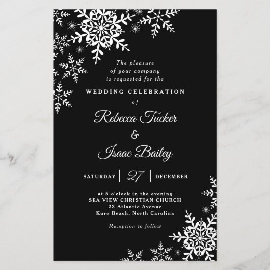 Elegant Snowflakes Pset Black Wedding Invitation (Voorkant)