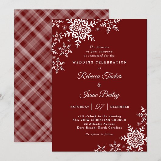 Elegant Snowflakes Pset Red Wedding Invitation Kaart (Voorkant / Achterkant)