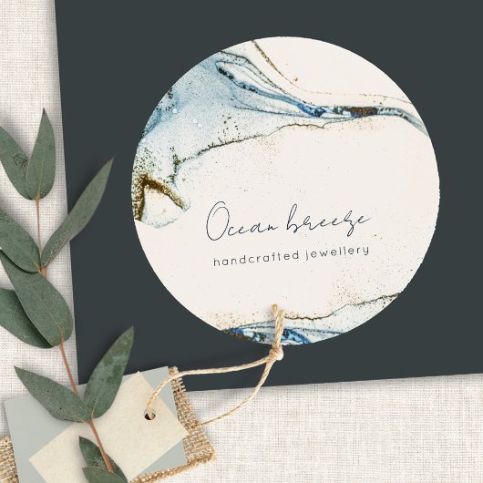 Elegant Soft Abstract Waterverf Blue Gold Beachy Ronde Sticker