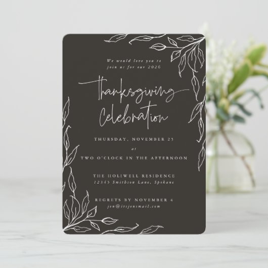 Elegant Soft Black Modern Leaf Motif Thanksgiving Kaart (Staand voorkant)