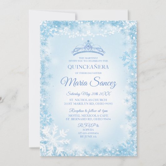 Elegant Soft Blue & String Light Mis Quince uitnod Kaart (Voorkant)