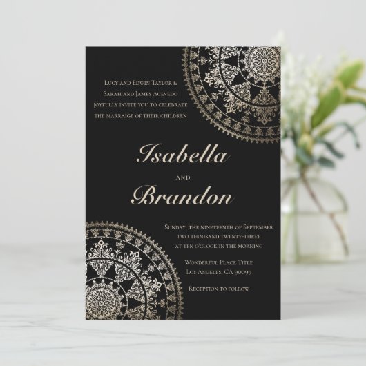 Elégant Solar Mandala Wedding Invitations Or (Debout devant)