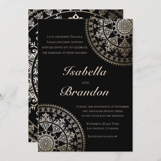 Elégant Solar Mandala Wedding Invitations Or (Devant / Derrière)