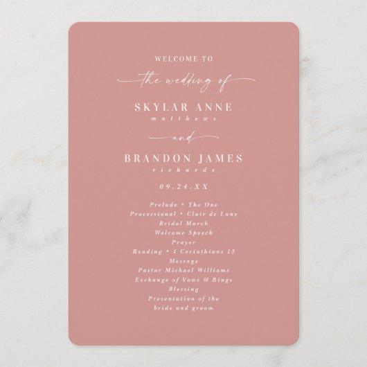 Elegant Solid Dusty Roos Wedding Ceremony Program Programma (Voorkant)