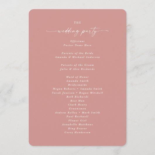 Elegant Solid Dusty Roos Wedding Ceremony Program Programma (Achterkant)