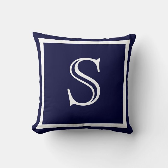 Elegant Solid Navy Blue White Monogramed Kussen (Voorkant)
