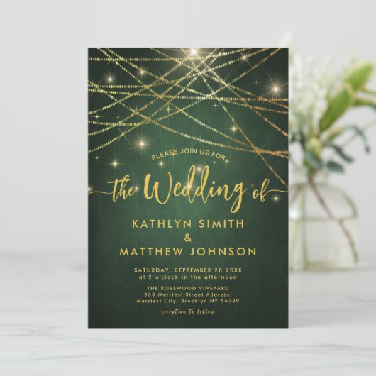 Elegant Sparging Gold String Lights Green Wedding Kaart (Staand voorkant)