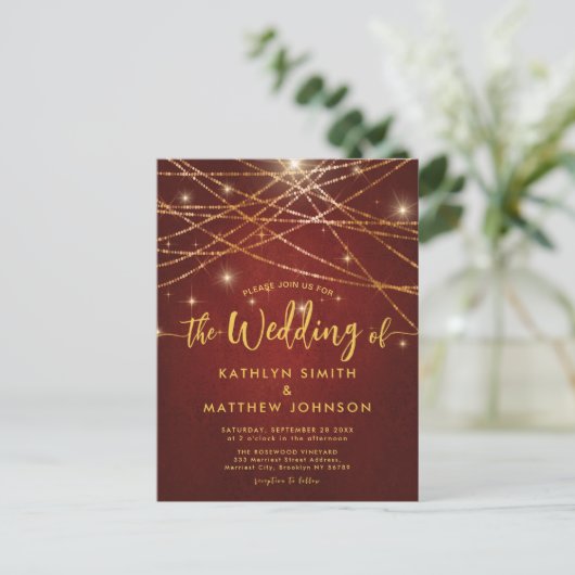 Elegant Sparging Gold String Lights Wedding Uitnodiging Briefkaart (Staand voorkant)
