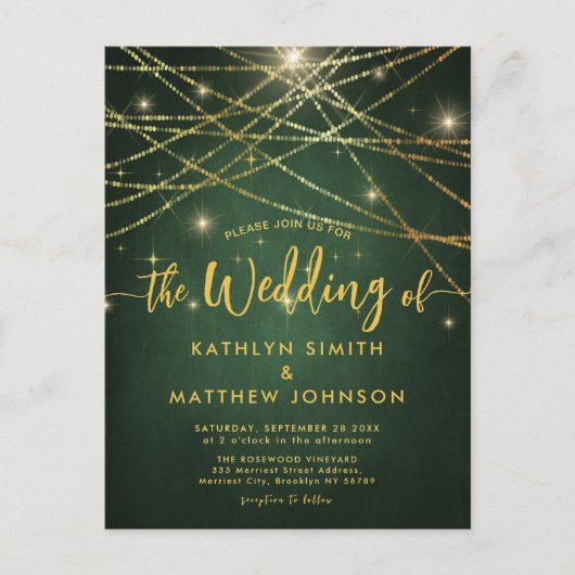 Elegant Sparging Gold String Lights Wedding Uitnodiging Briefkaart (Voorkant)