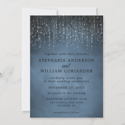 Elegant Sparking String Lights Navy Blue Wedding Kaart (Voorkant)