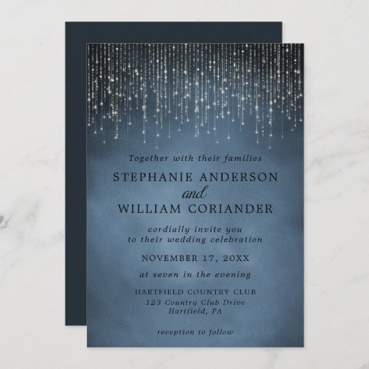 Elegant Sparking String Lights Navy Blue Wedding Kaart (Voorkant / Achterkant)