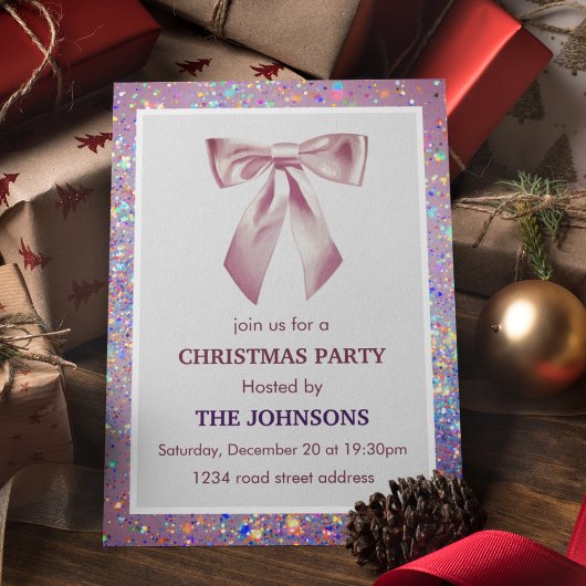Elegant Sparkling Bow Christmas Party Invitation