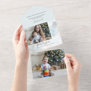 Elegant Sparkly Blue & Gold Alcohol Inkt Foto All In One Uitnodiging