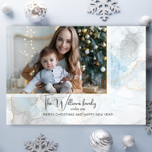 Elegant Sparkly Blue & Gold Alcohol Inkt Foto Drieluik Wenskaart