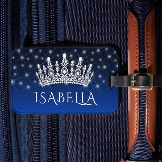 Elegant Sparkly Crown & Stars Royal Blue Monogram Bagagelabel (Voorkant Insitu 4)