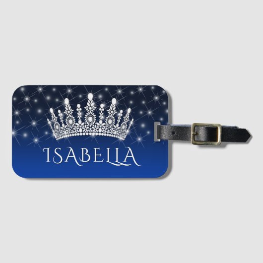 Elegant Sparkly Crown & Stars Royal Blue Monogram Bagagelabel (Voorkant (horizontaal))