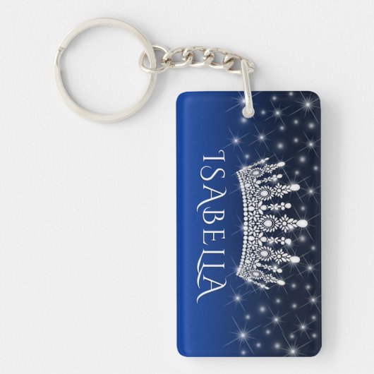 Elegant Sparkly Crown & Stars Royal Blue Monogram Sleutelhanger (Voorkant)