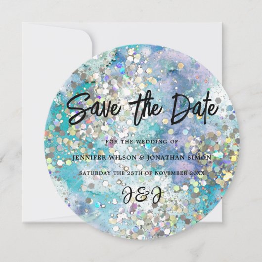 Elegant Sparkly Glitter Blue Blauwgroen Save The Date (Voorkant)