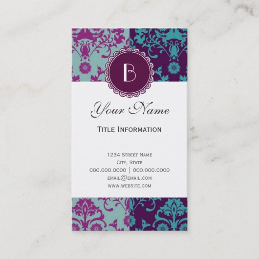 Elegant Split Damask Patroon met Monogram Visitekaartje (Voorkant)