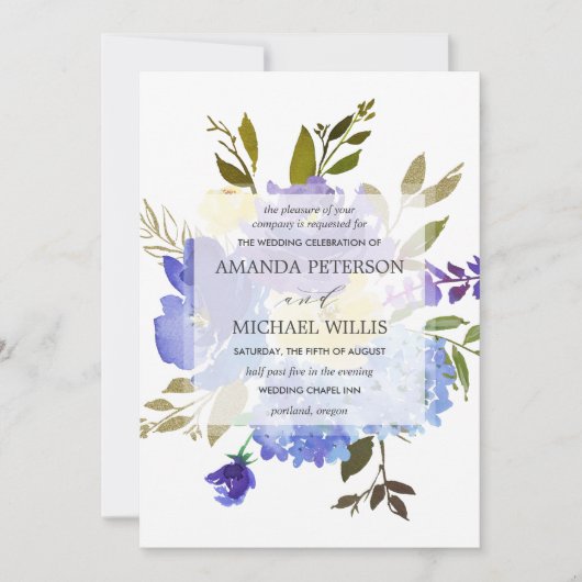 Elegant spring blue en yellow bloemen bruiloft kaart (Voorkant)