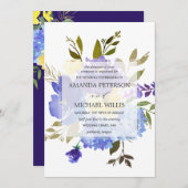 Elegant spring blue en yellow bloemen bruiloft kaart (Voorkant / Achterkant)