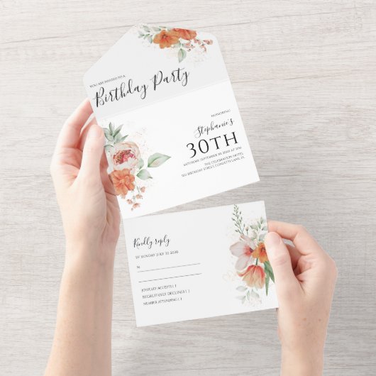 Elegant Spring Floral Birthday All In One Uitnodiging (Afscheurbaar)