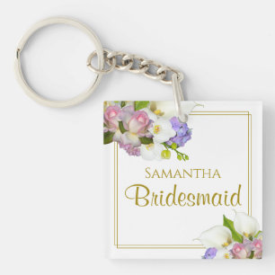 Elegant Spring Floral Bridesmaid Favor met naam Sleutelhanger
