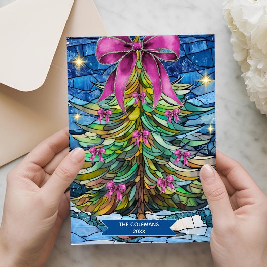 Elegant stained glass coquette bow Christmas tree Feestdagenkaart