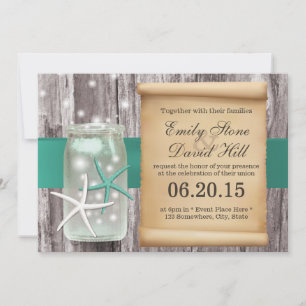 Elegant Starfish & Mason Jar Beach Wedding Kaart