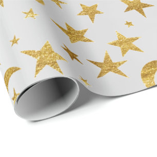 Elegant Stars Moon Silver Grey Gold Metallic Sky Cadeaupapier