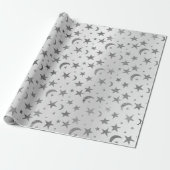Elegant Stars Moon Silver Grey Metallic Sky Cadeaupapier (Uitgerold)