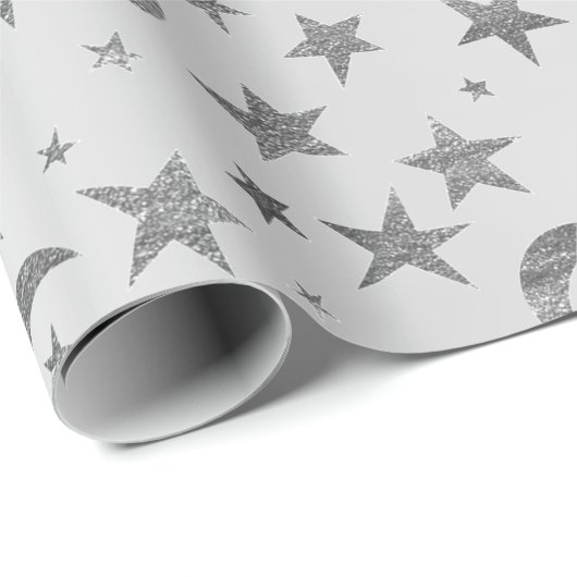 Elegant Stars Moon Silver Grey Metallic Sky Cadeaupapier (Rol Hoek)