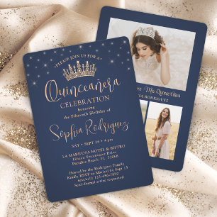 Elegant Stars Roos Gold Quinceañera 3 Foto Blauw Kaart