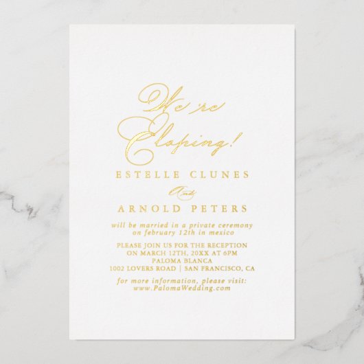 Elegant stijlvol Elopement Reception Gold Folie Uitnodiging (Voorkant)