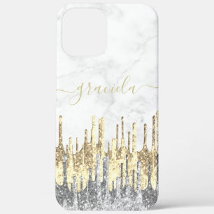 Elegant stijlvol glitter druppelt wit marmer iPhone 12 pro max hoesje