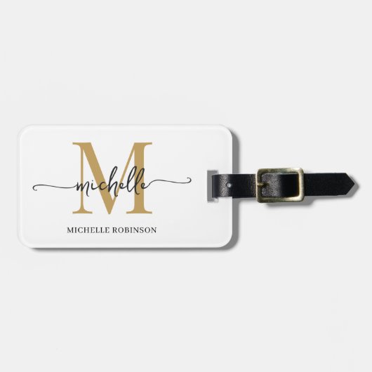 Elegant Stijlvol Wit Goud Monogram Initiaal Script Bagagelabel (Voorkant horizontaal)
